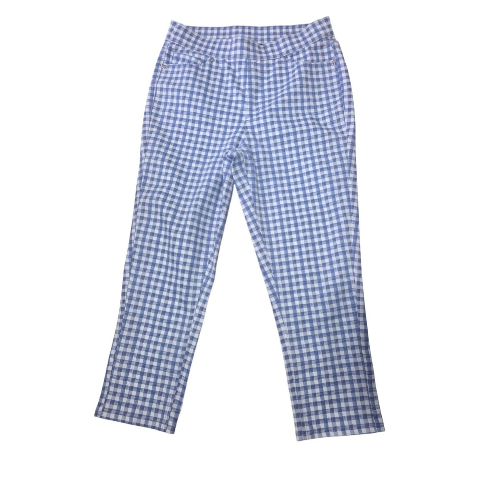 Isaac Mizrahi Live Gingham Check Stretch Pants Womens Size 6 Blue White Cropped